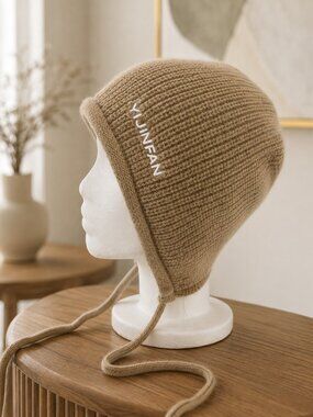 JINFAN Beige Knit Bonnet Hat Earflap Tie Winter Cap Minimalist Korean Style